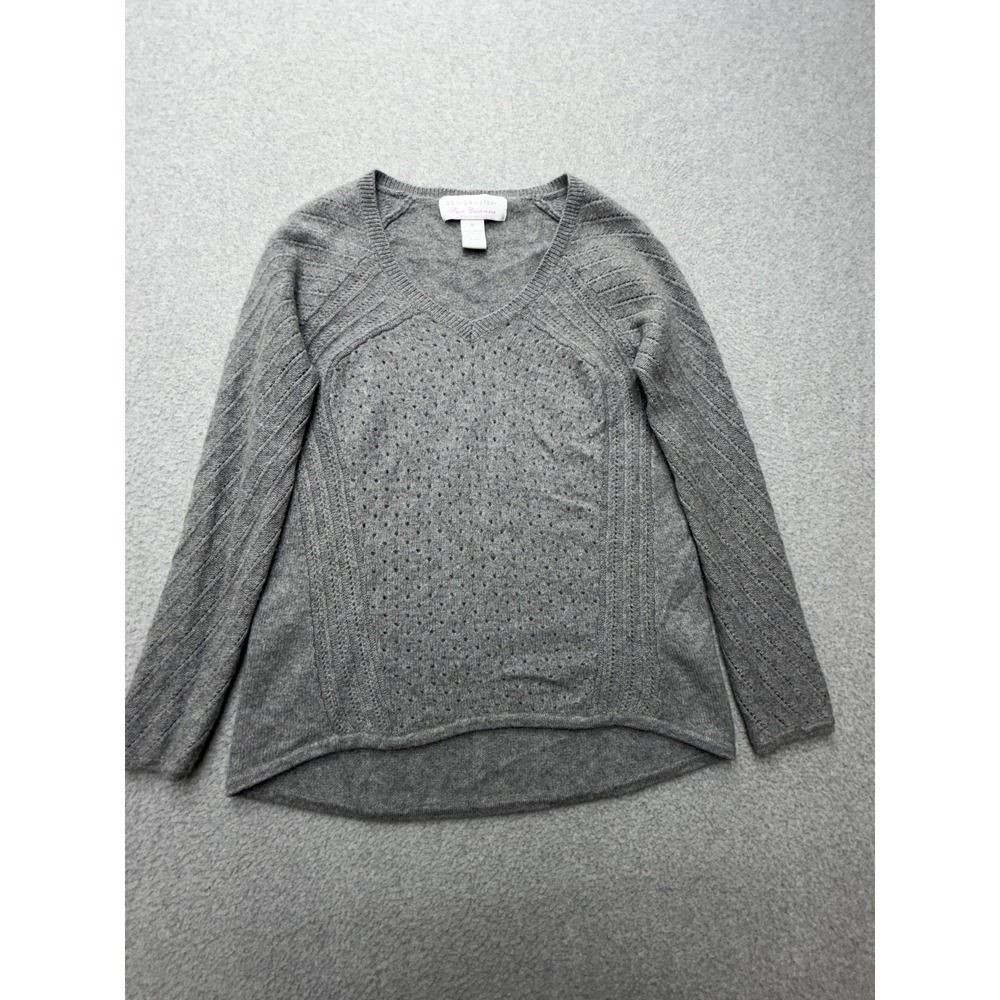 Design History Sweater Womens Medium Gray Cashmere V Neck Open Knit Pullover